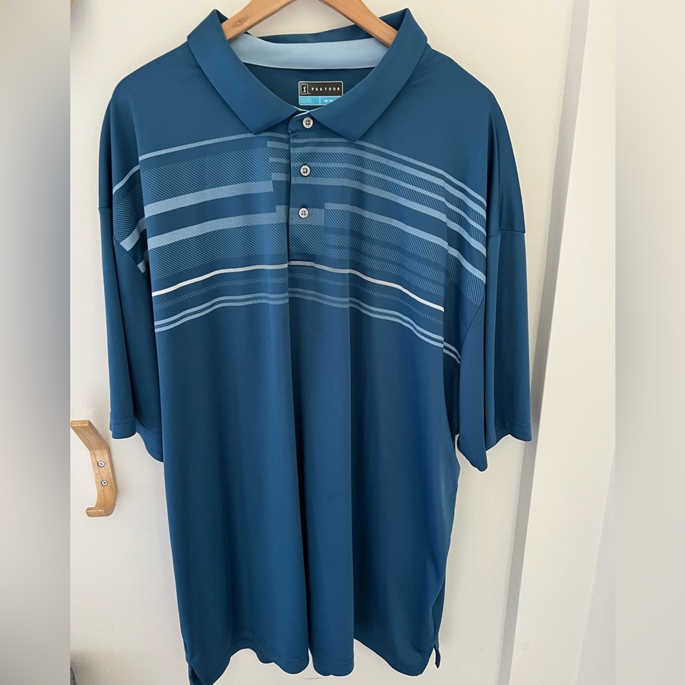 PGA Tour Short Sleeve Blue Striped Golf Polo